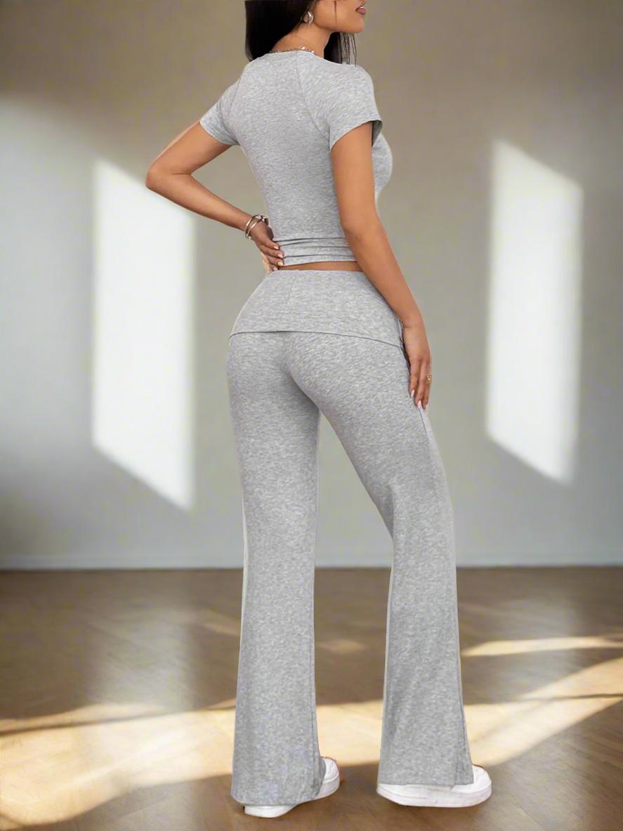 Round Neck Short Sleeve Top and Pants Set