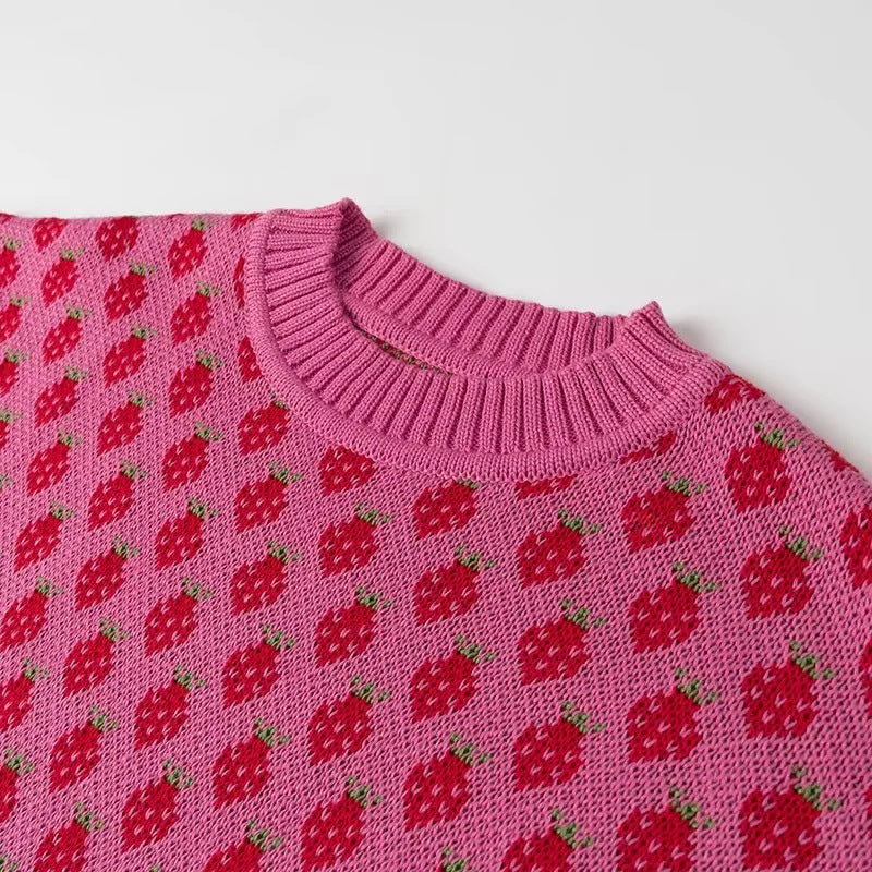 Sweet Girl Strawberry Printed Knitted Pullover