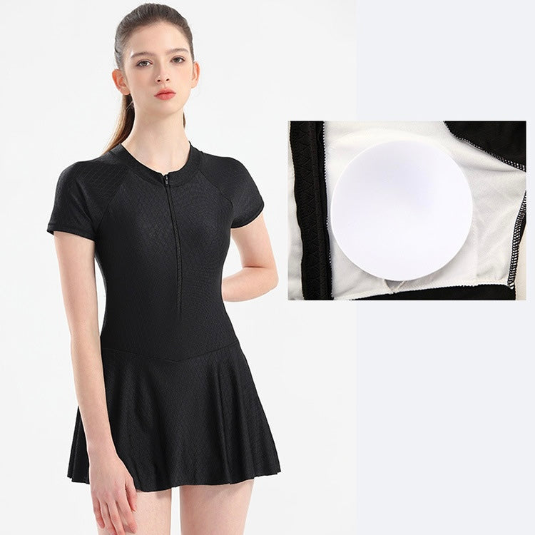 Short-sleeved One-piece Skirt Slimming Swimsuit With Pads in 2 Colours