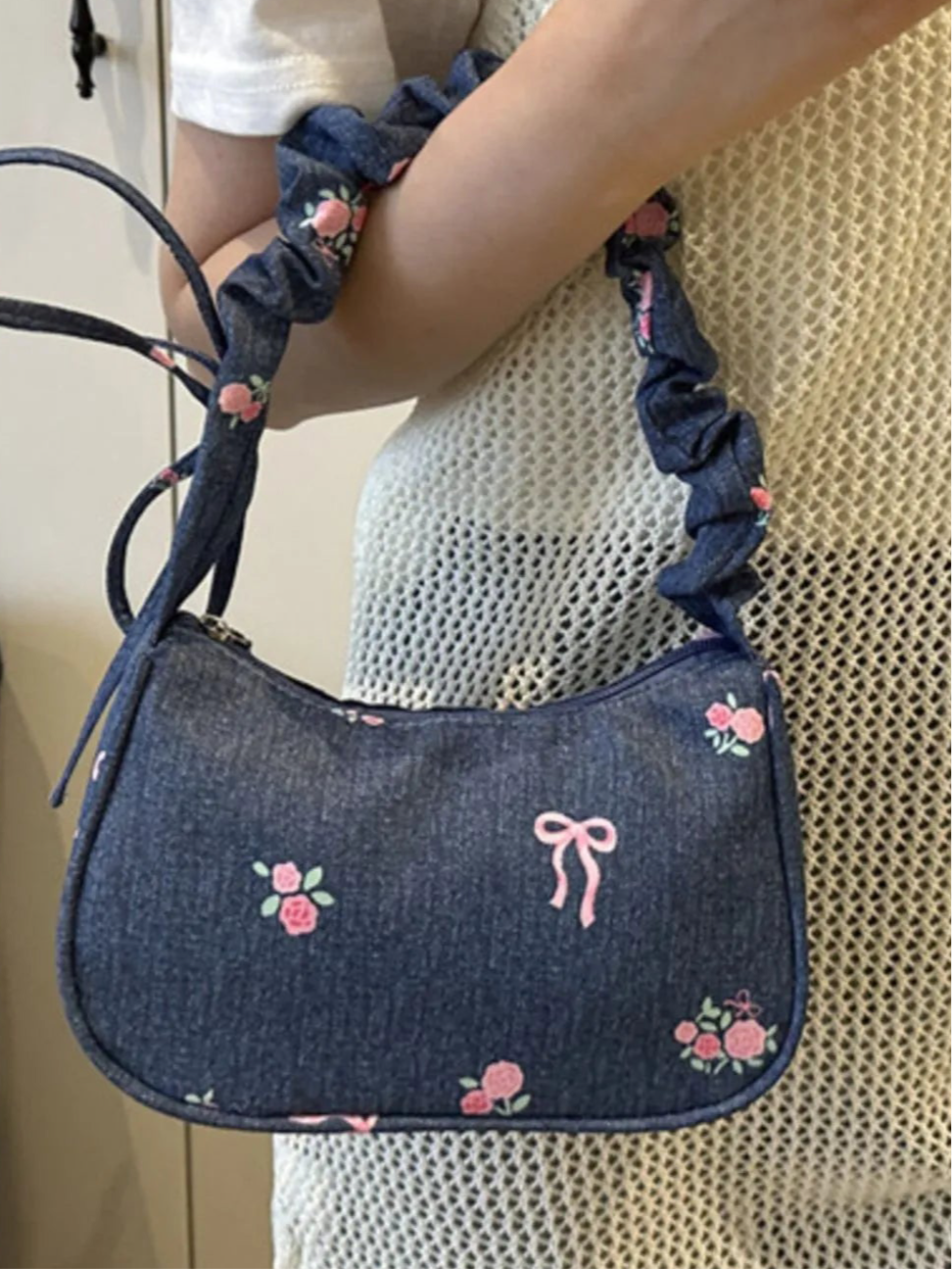 Embroidered Ruched Strap Shoulder Bag in 3 Colours