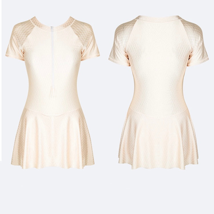 Short-sleeved One-piece Skirt Slimming Swimsuit With Pads in 2 Colours