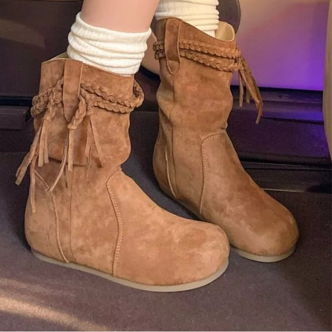 Suede Fringe Round Toe Boots in 3 Colours