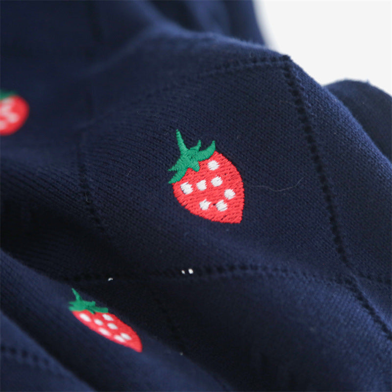 Combed Cotton Teens Strawberry Embroidered Hollow Rhombic Sleeve Knit Top in 2 Colours