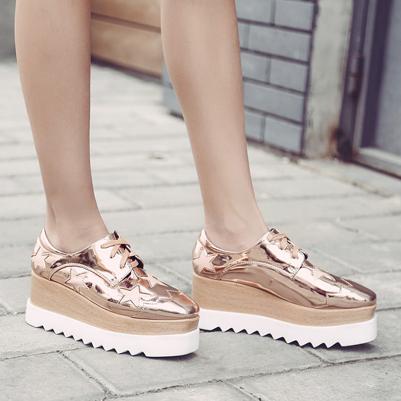 2025 Star Shoes Platform Shoes Patent Leather High Heel Square-toe Wedge Shoes Casual British Style