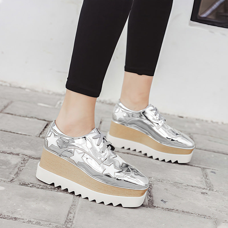 2025 Star Shoes Platform Shoes Patent Leather High Heel Square-toe Wedge Shoes Casual British Style