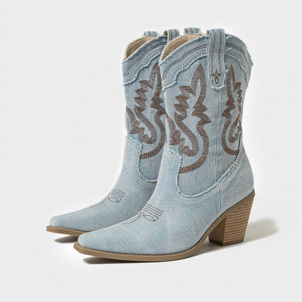 Denim Pointed Toe Chunky Heel Cowboy Boots in 2 Colours