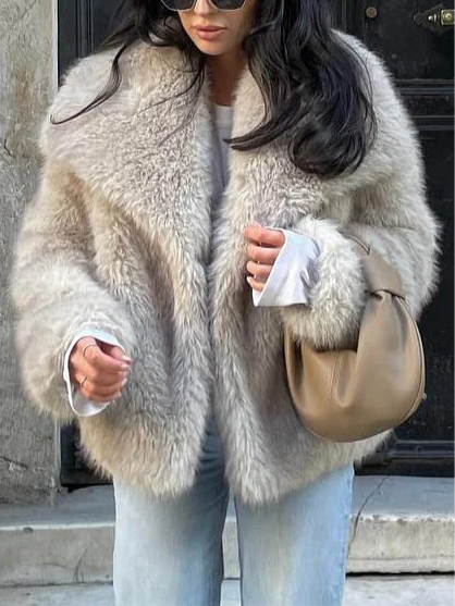 DUOPERI Chic Faux Fur Coat Lapel Collar Long Sleeves in 9 Colours