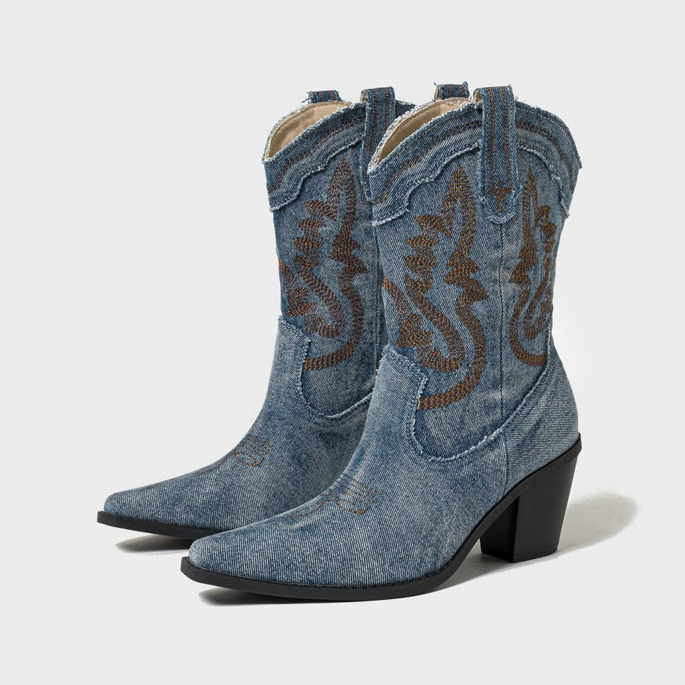 Denim Pointed Toe Chunky Heel Cowboy Boots in 2 Colours