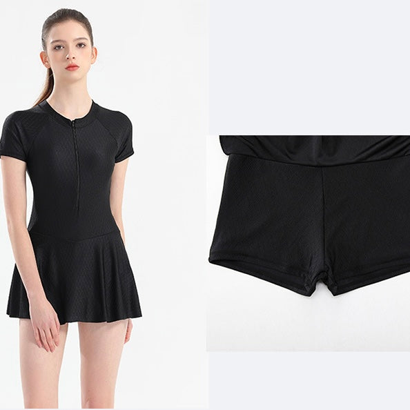 Short-sleeved One-piece Skirt Slimming Swimsuit With Pads in 2 Colours