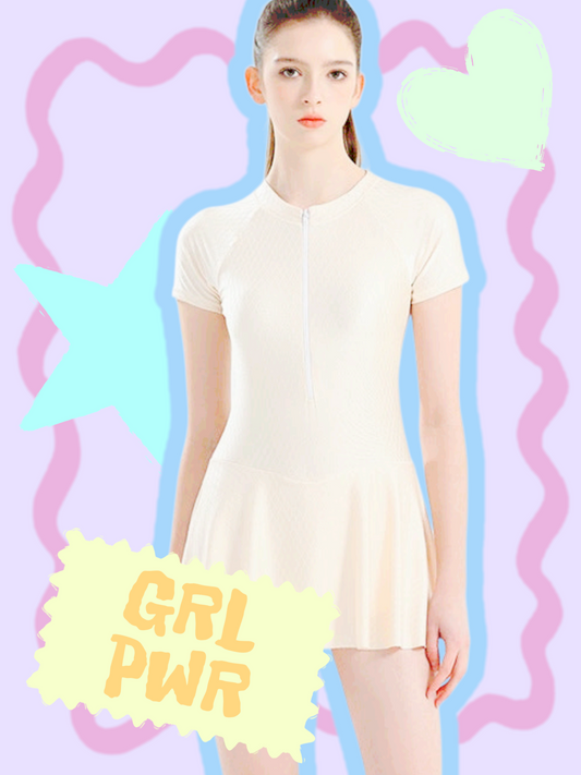 Short-sleeved One-piece Skirt Slimming Swimsuit With Pads in 2 Colours