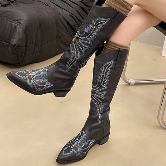 Embroidered Point Toe Block Heels Boots