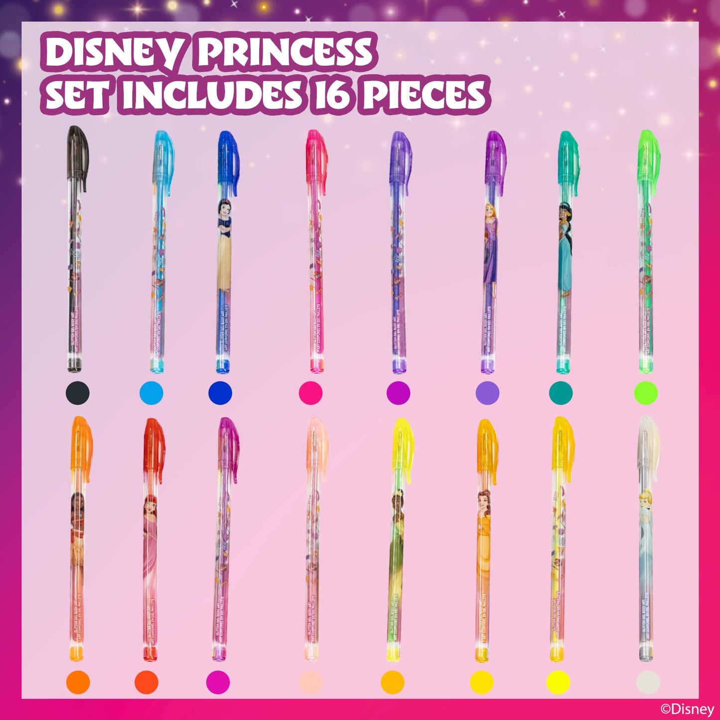 Townley Girl 16 Glitter Body Art Pen Set - Hello Kitty, Barbie, Disney Princess