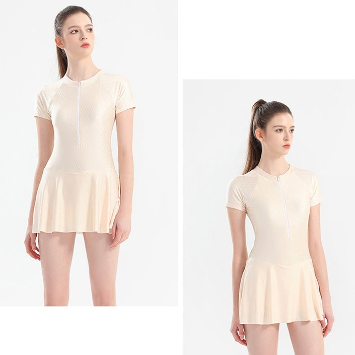 Short-sleeved One-piece Skirt Slimming Swimsuit With Pads in 2 Colours