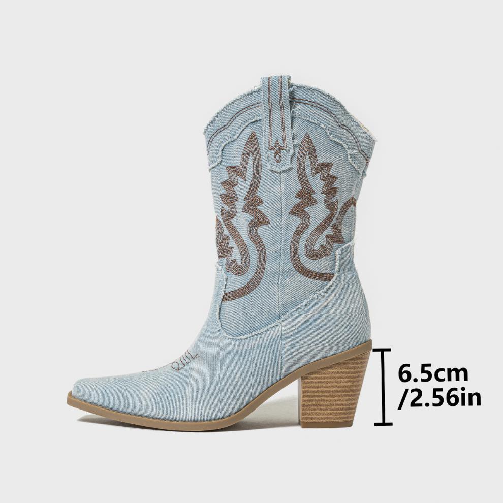 Denim Pointed Toe Chunky Heel Cowboy Boots in 2 Colours