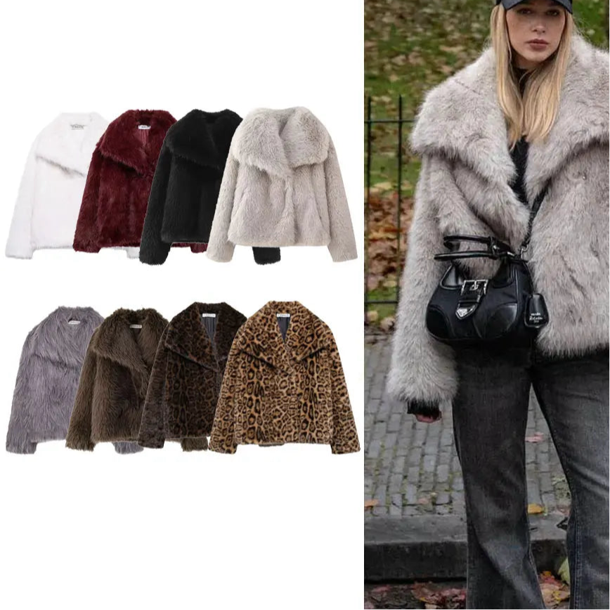 DUOPERI Chic Faux Fur Coat Lapel Collar Long Sleeves in 9 Colours