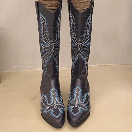Embroidered Point Toe Block Heels Boots