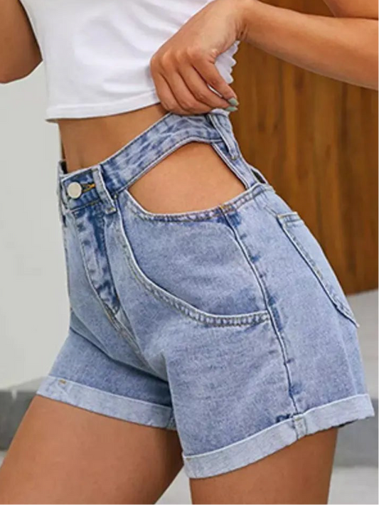 High-Waisted Cutout Denim Shorts; Plus Size Up to 2XL