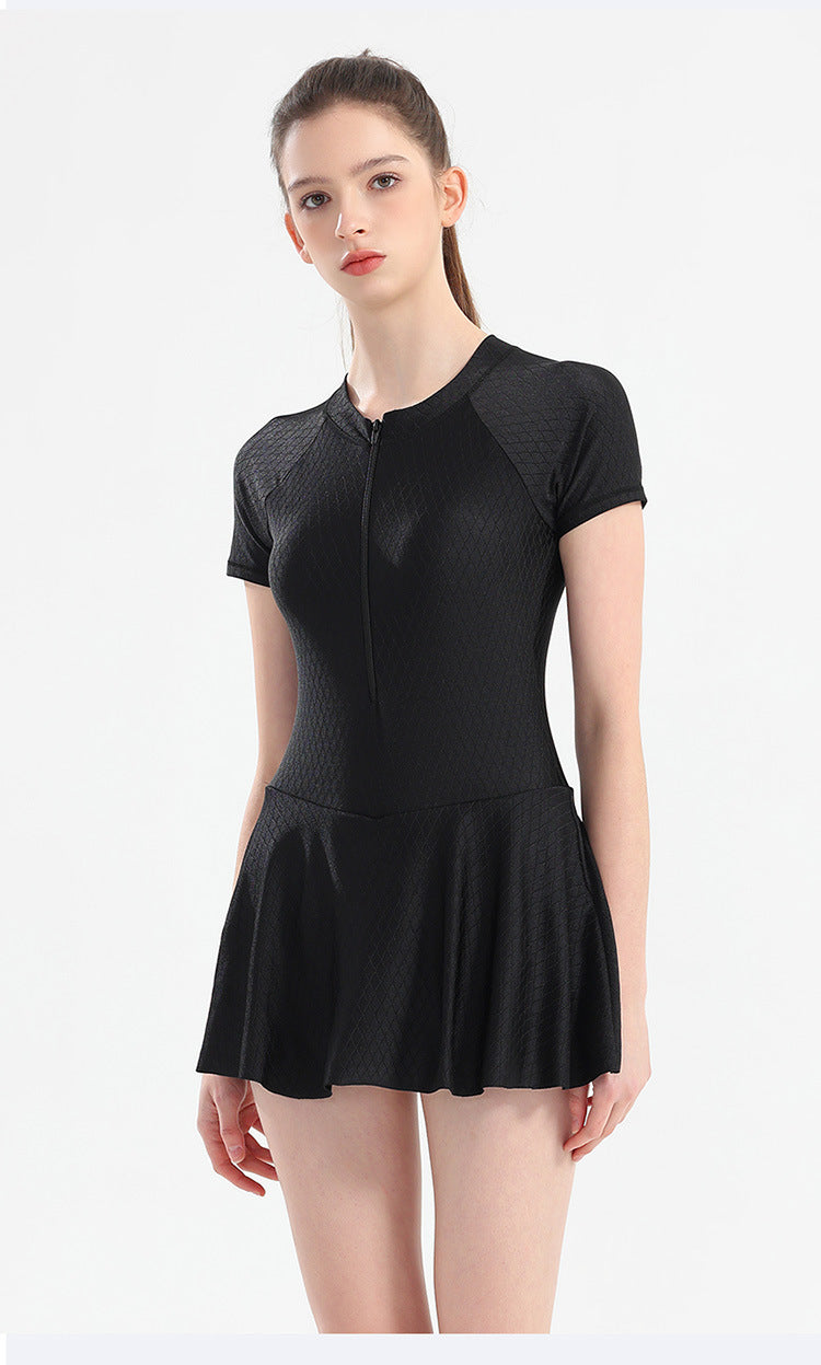 Short-sleeved One-piece Skirt Slimming Swimsuit With Pads in 2 Colours