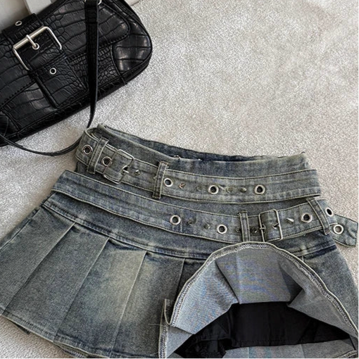Y2K A-Line Denim Mini Skirt with Rivets