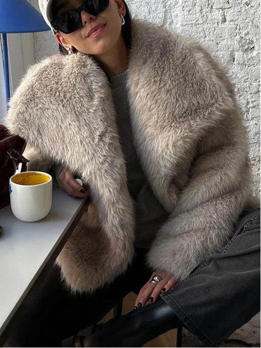 DUOPERI Chic Faux Fur Coat Lapel Collar Long Sleeves in 9 Colours