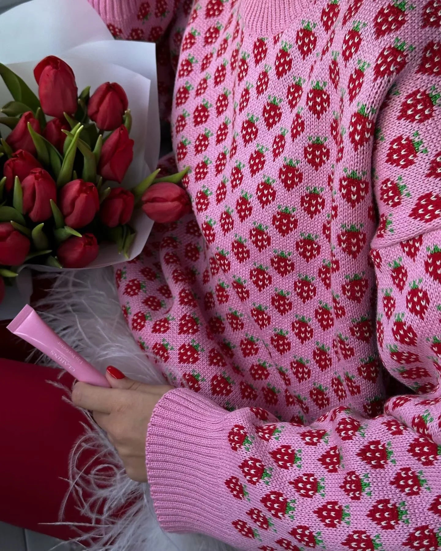 Sweet Girl Strawberry Printed Knitted Pullover