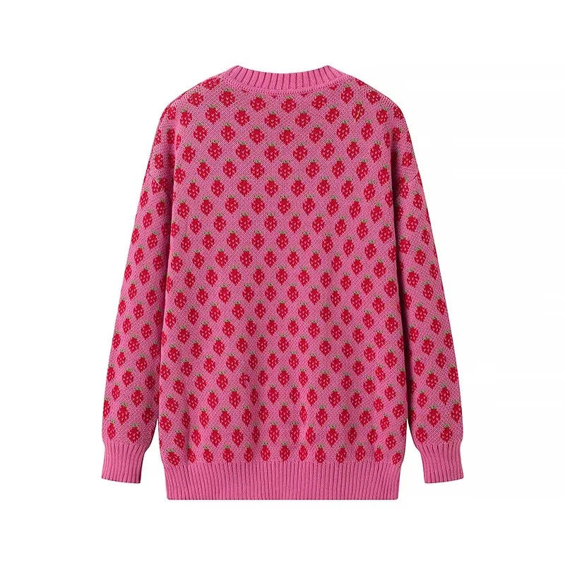 Sweet Girl Strawberry Printed Knitted Pullover