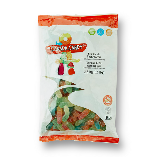 CANADA CANDY 🇨🇦| Sour Atomic Neon Worms, Assorted Fruit, 2.5 Kilogram