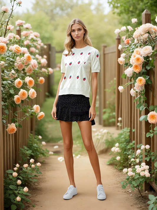 Combed Cotton Teens Strawberry Embroidered Hollow Rhombic Sleeve Knit Top in 2 Colours