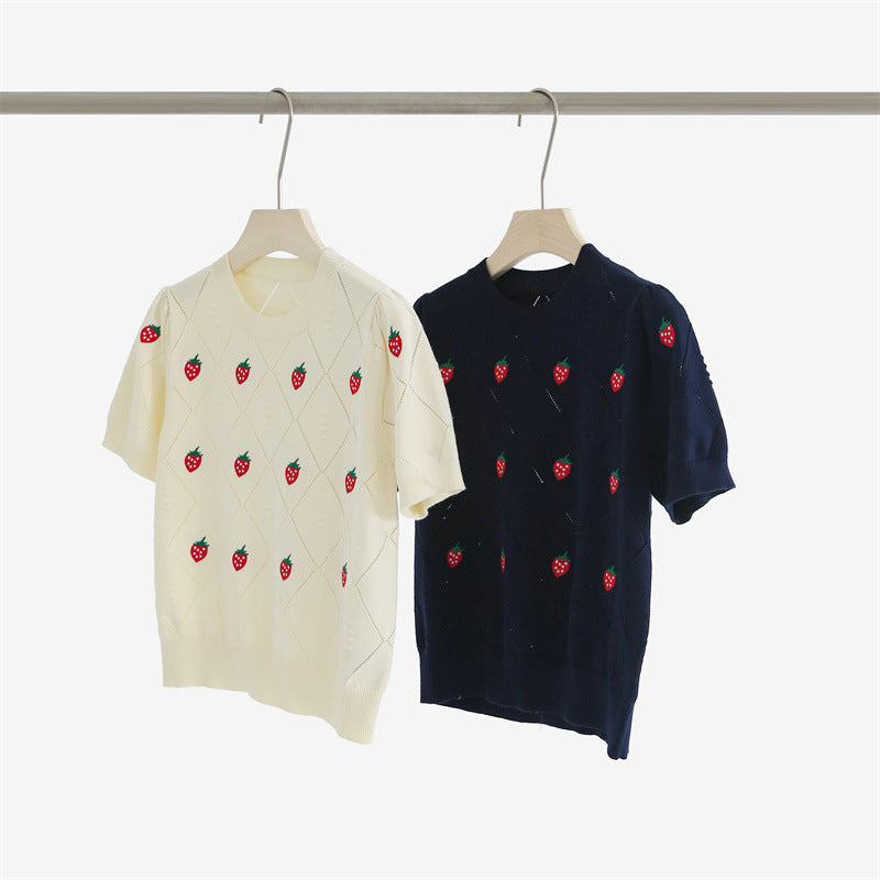 Combed Cotton Teens Strawberry Embroidered Hollow Rhombic Sleeve Knit Top 16001