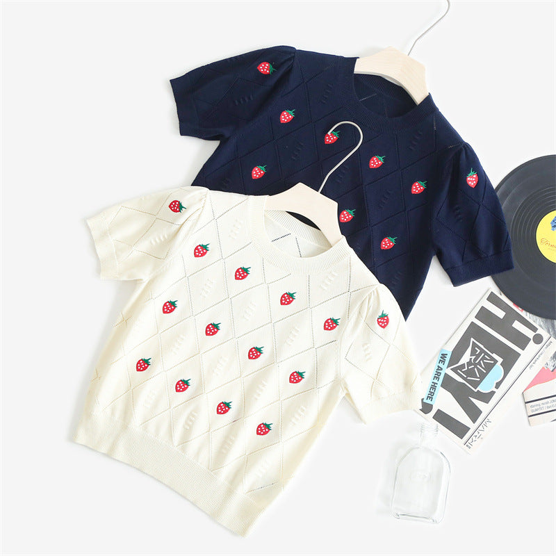 Combed Cotton Teens Strawberry Embroidered Hollow Rhombic Sleeve Knit Top 16001