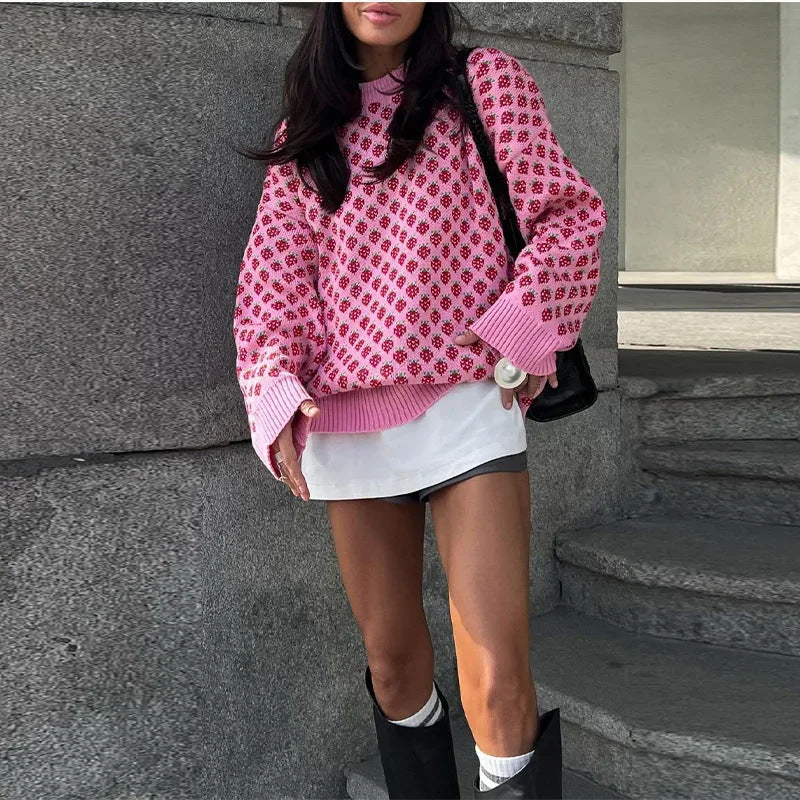 Sweet Girl Strawberry Printed Knitted Pullover