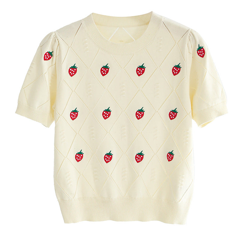 Combed Cotton Teens Strawberry Embroidered Hollow Rhombic Sleeve Knit Top 16001