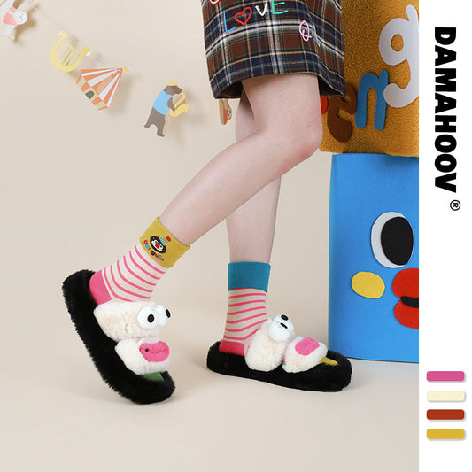 Autumn And Winter New Ladies Striped Home Casual Socks Dopamine Tide Socks Women Cute Cartoon Couple Cotton Socks Mid-tube Socks