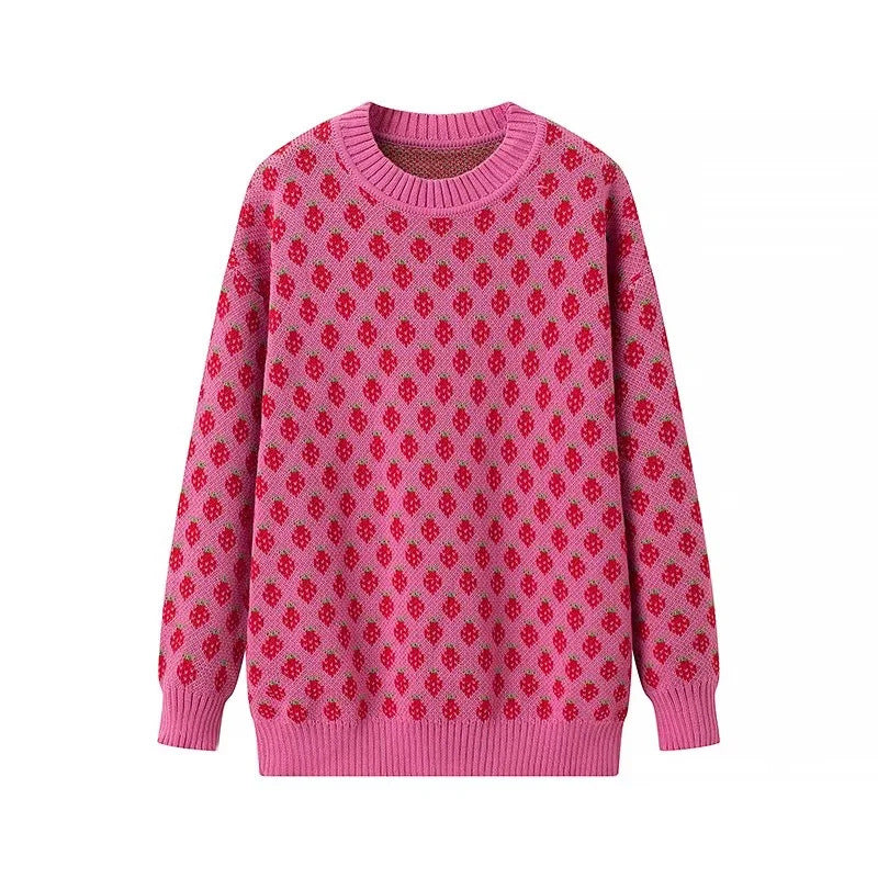 Sweet Girl Strawberry Printed Knitted Pullover